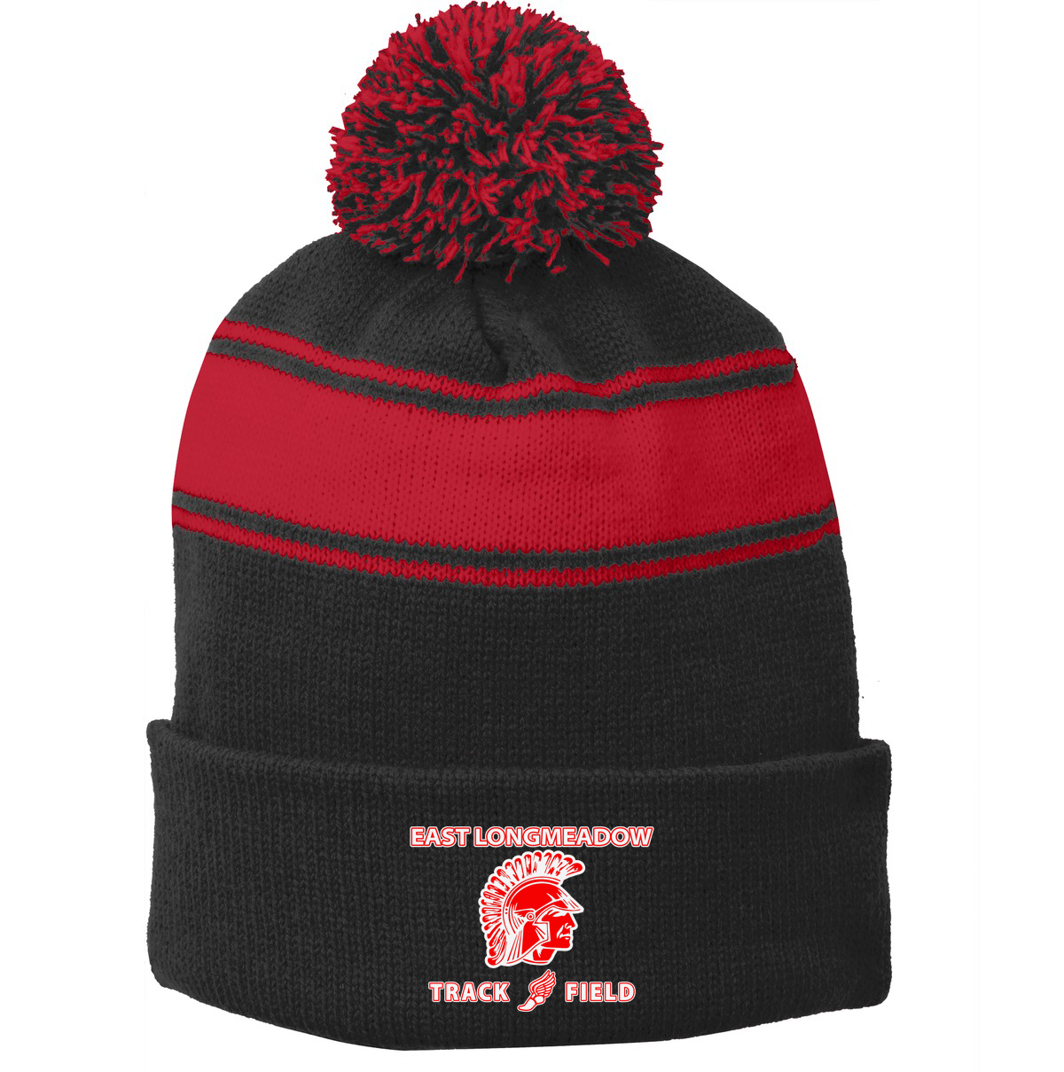 East Longmeadow Track and Field Black/Red Pom Pom Beanie