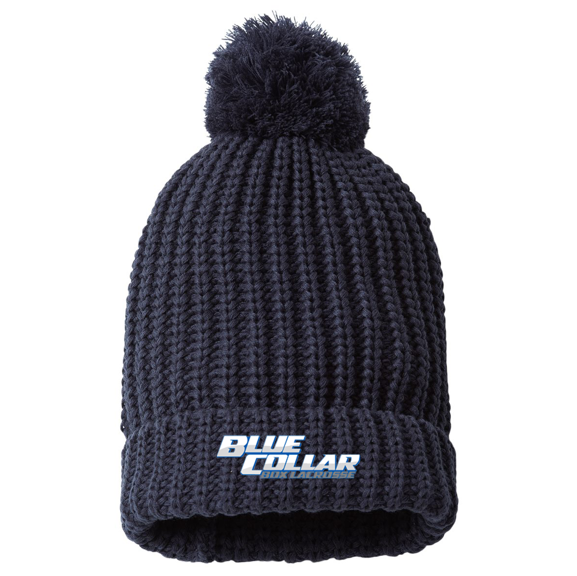 Blue Collar Box Lacrosse Chunky Cable with Cuff & Pom Beanie
