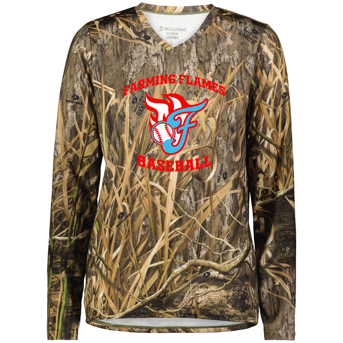 Farming Flames Baseball Club Ladies Mossy Oak Momentum Long Sleeve Tee