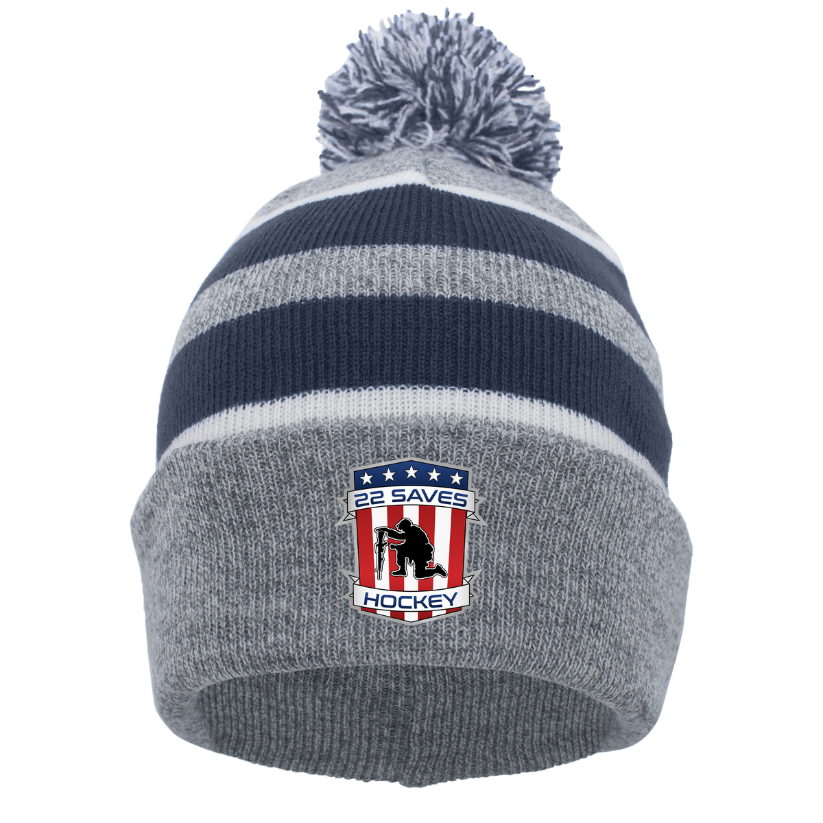 22 Saves Hockey Knit Fold Over Pom Pom Beanie