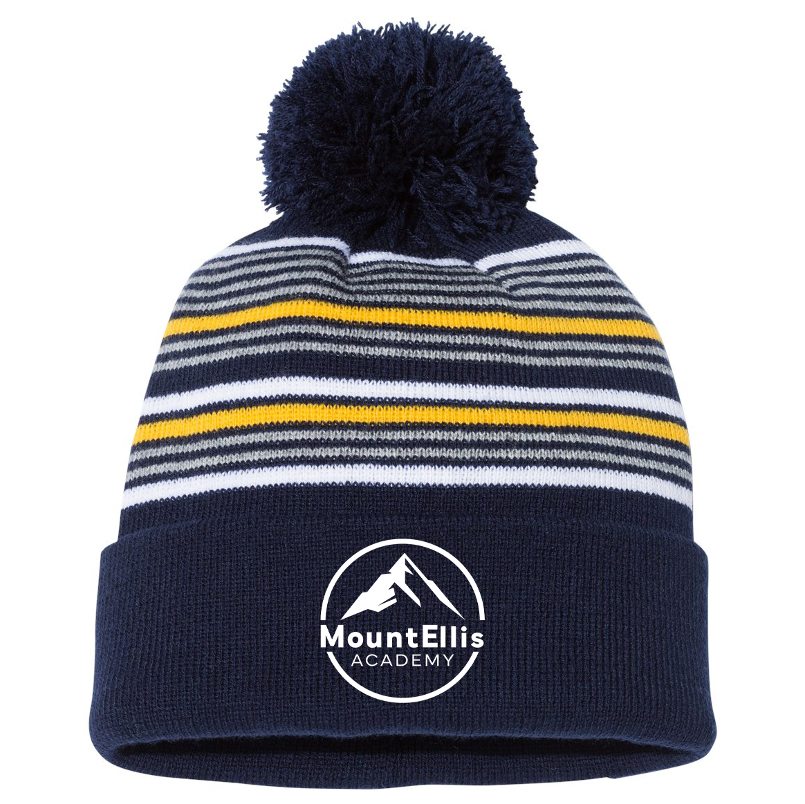 Mount Ellis Academy 12" Striped Pom-Pom Cuffed Beanie
