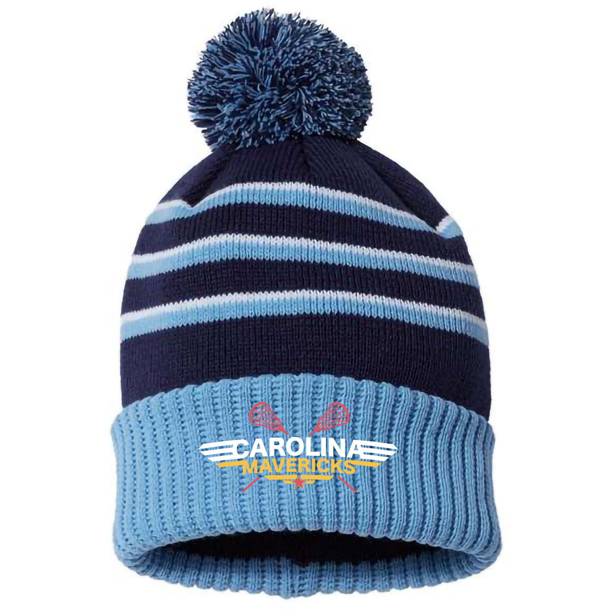 Carolina Maverick Lacrosse Striped Pom Cuff Beanie