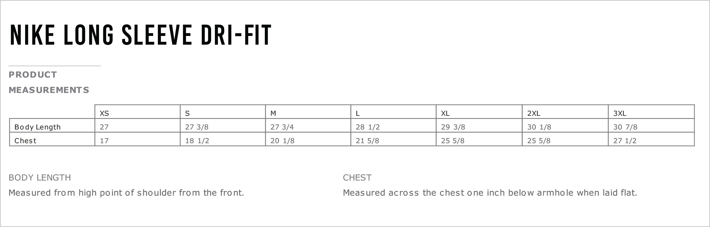 Nike long sleeve size chart on sale