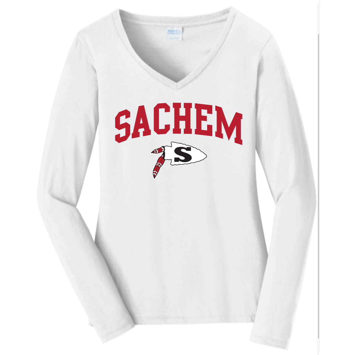 Sachem Spiritwear Port & Company® Ladies Long Sleeve Fan Favorite™ V-Neck Tee (ADULT only) Red or Gold School Logo White Black or Grey Shirts