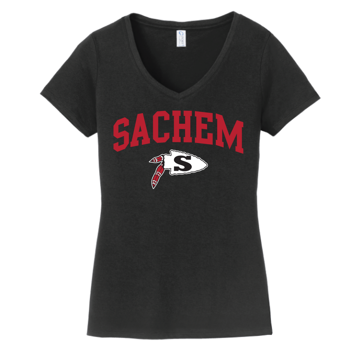 Sachem Spiritwear Port & Company® Ladies Fan Favorite™ V-Neck Tee (ADULT only) Red or Gold School Logo White Black or Grey Shirts