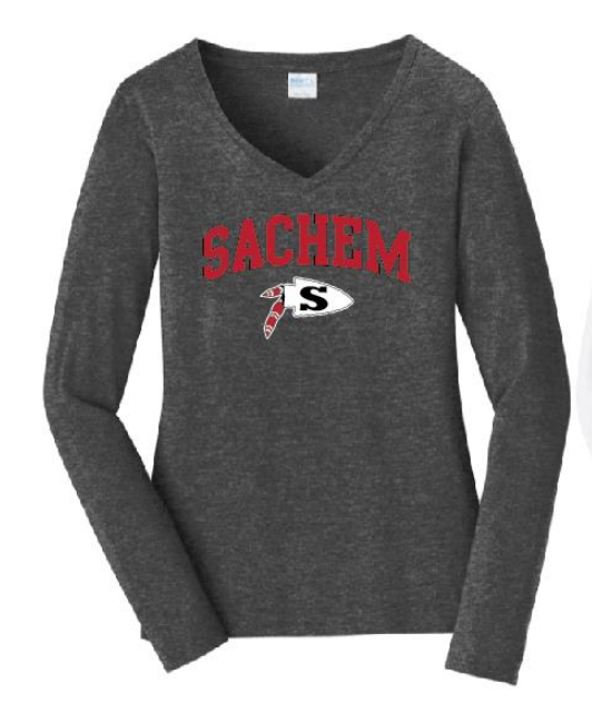 Sachem Spiritwear Port & Company® Ladies Long Sleeve Fan Favorite™ V-Neck Tee (ADULT only) Red or Gold School Logo White Black or Grey Shirts