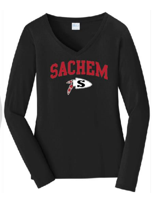 Sachem Spiritwear Port & Company® Ladies Long Sleeve Fan Favorite™ V-Neck Tee (ADULT only) Red or Gold School Logo White Black or Grey Shirts