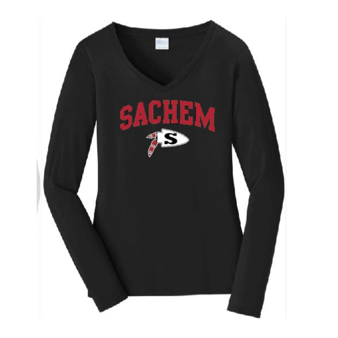 Sachem Spiritwear Port & Company® Ladies Long Sleeve Fan Favorite™ V-Neck Tee (ADULT only) Red or Gold School Logo White Black or Grey Shirts