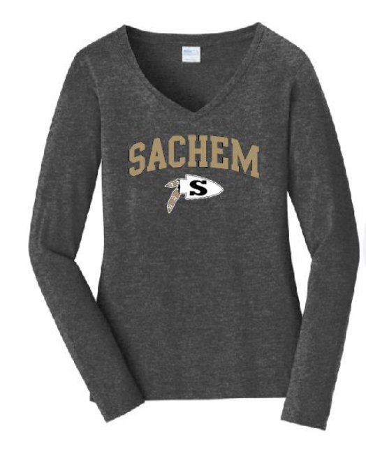 Sachem Spiritwear Port & Company® Ladies Long Sleeve Fan Favorite™ V-Neck Tee (ADULT only) Red or Gold School Logo White Black or Grey Shirts