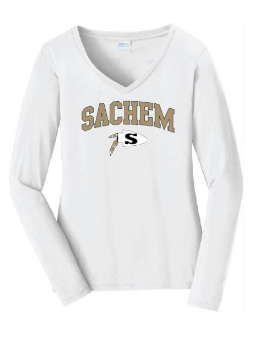 Sachem Spiritwear Port & Company® Ladies Long Sleeve Fan Favorite™ V-Neck Tee (ADULT only) Red or Gold School Logo White Black or Grey Shirts