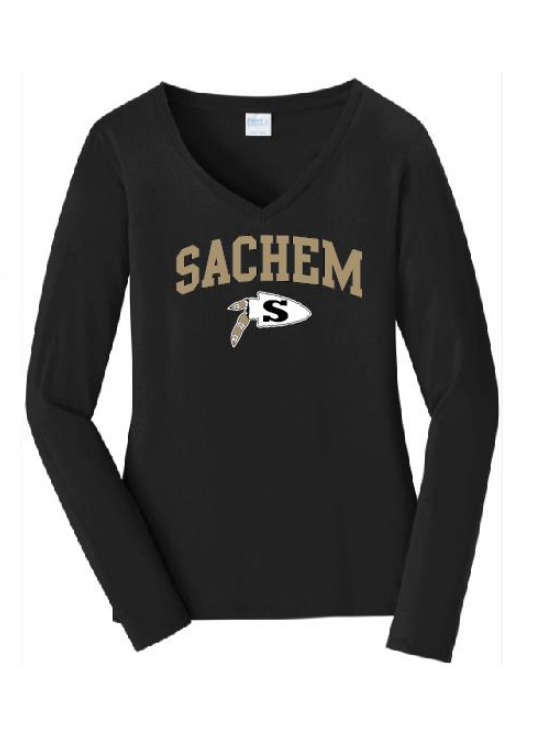 Sachem Spiritwear Port & Company® Ladies Long Sleeve Fan Favorite™ V-Neck Tee (ADULT only) Red or Gold School Logo White Black or Grey Shirts