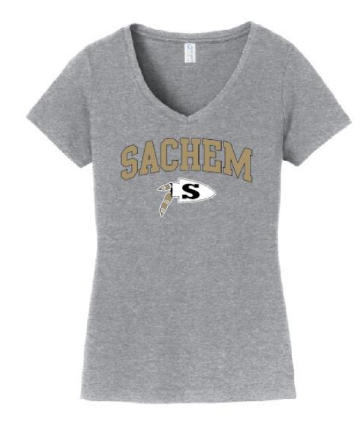 Sachem Spiritwear Port & Company® Ladies Fan Favorite™ V-Neck Tee (ADULT only) Red or Gold School Logo White Black or Grey Shirts