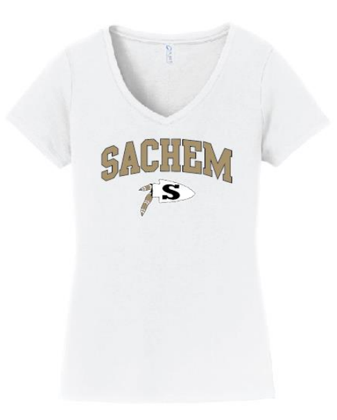 Sachem Spiritwear Port & Company® Ladies Fan Favorite™ V-Neck Tee (ADULT only) Red or Gold School Logo White Black or Grey Shirts