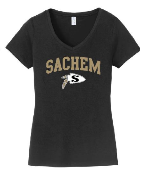 Sachem Spiritwear Port & Company® Ladies Fan Favorite™ V-Neck Tee (ADULT only) Red or Gold School Logo White Black or Grey Shirts