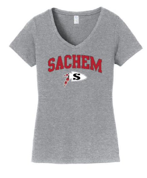 Sachem Spiritwear Port & Company® Ladies Fan Favorite™ V-Neck Tee (ADULT only) Red or Gold School Logo White Black or Grey Shirts