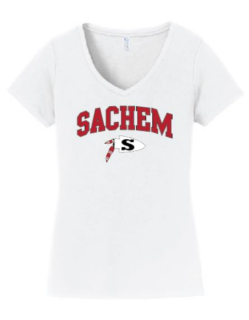 Sachem Spiritwear Port & Company® Ladies Fan Favorite™ V-Neck Tee (ADULT only) Red or Gold School Logo White Black or Grey Shirts