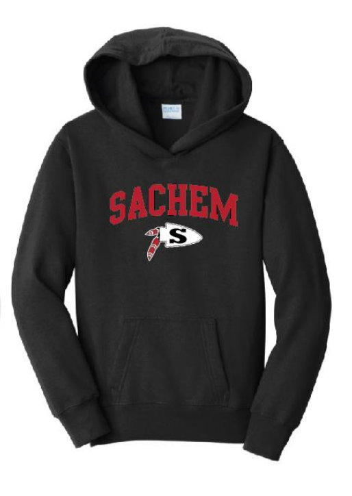 Sachem Spiritwear Port & Company® Fan Favorite™ Hooded Sweatshirt (ADULT & YOUTH SIZES) Red or Gold School Logo White or Black Shirts