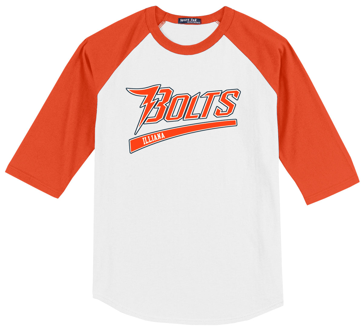 Illiana Thunderbolts White/Orange 3/4 Sleeve Baseball Shirt: Bolts Logo