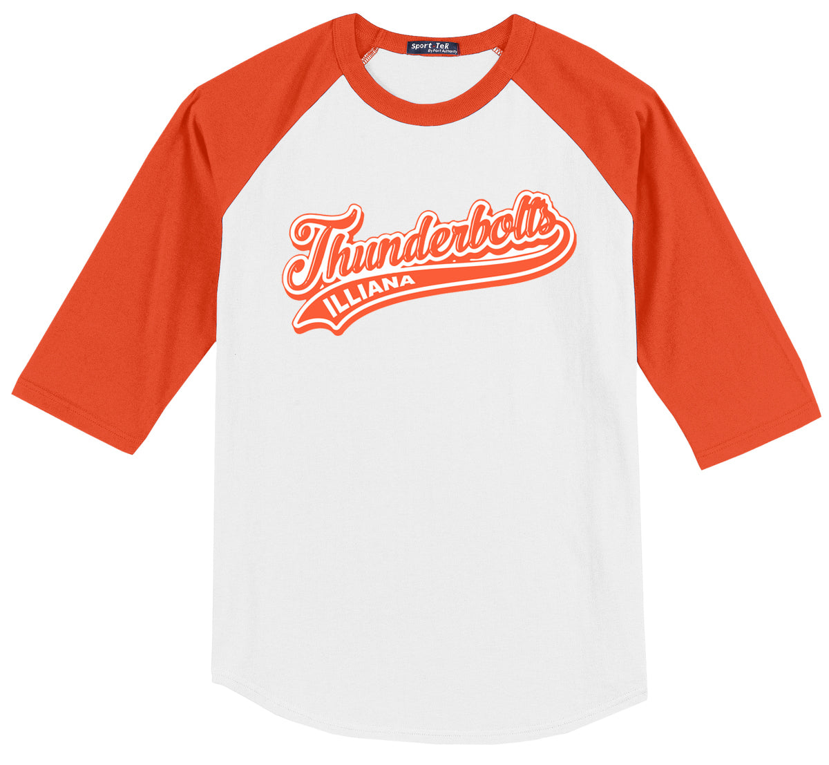 Illiana Thunderbolts White/Orange 3/4 Sleeve Baseball Shirt: Thunderbolts Logo
